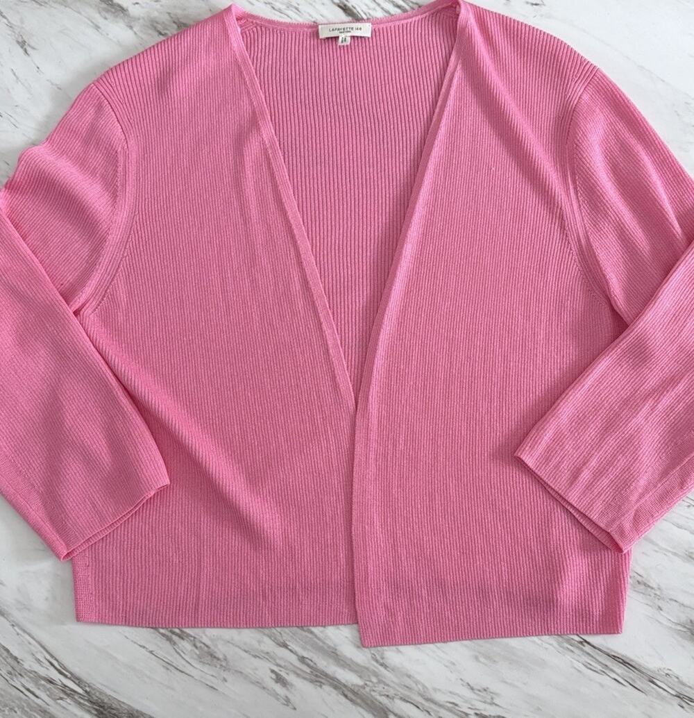 Lafayette 148 Silk Blend Open-Front Cropped Cardigan - L Pink Finespun Voile